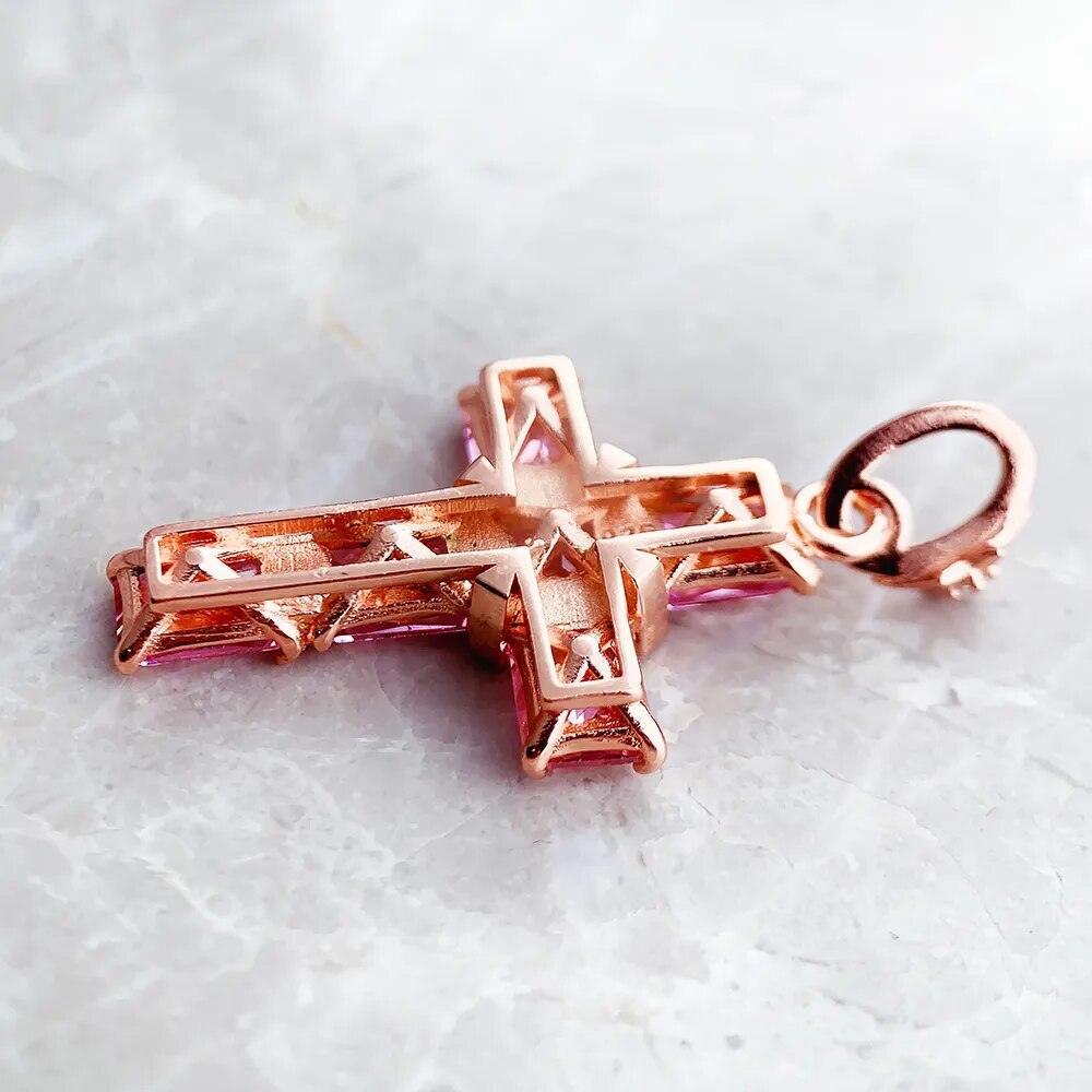 Brand New Pendant Cross With Pink AAA CZ Crystals And Star Rose Gold Plated Fine 925 Sterling Silver Jewellery - The Jewellery Supermarket