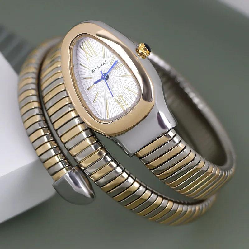 Latest Fashion Snake Design Luxury Gold Colour Stainless Steel Quartz Watches for Women Waterproof Elegant Jewellery