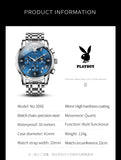 PLAYBOY Fashion Luxury Multifunction Original Waterproof Stainless Steel High Quality Quartz Watch for Men