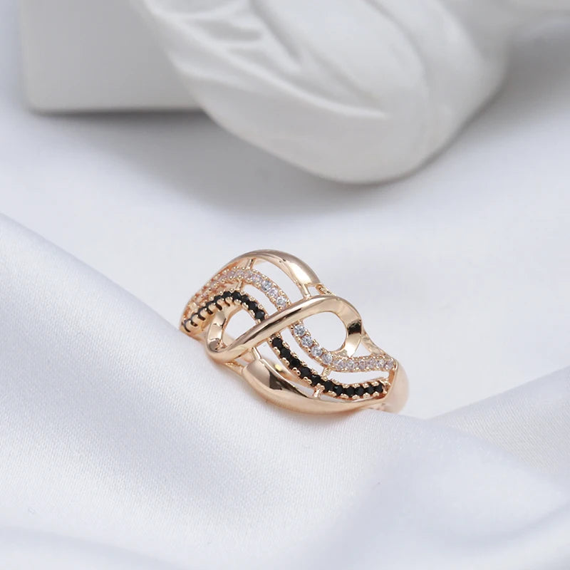 High Quality Rolled 14K Rose Gold Fine Jewellery Black, White AAA Zircon Diamonds Geometric Lines Cross Waves Ring