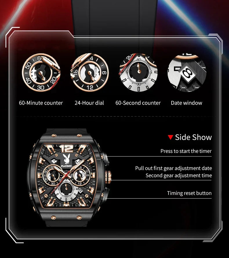 PLAYBOY Top Brand High Quality Multifunction Original Fashion Waterproof Silicone Strap Quartz Watch for Men
