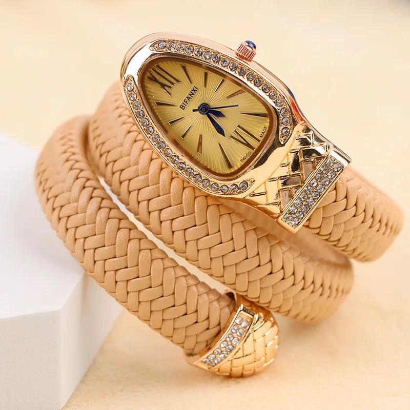 Unique Snake Shape AAA Luxury Fashion Quartz Watches Women's Zircon Diamonds Bling Gold Colour Ladies Watches