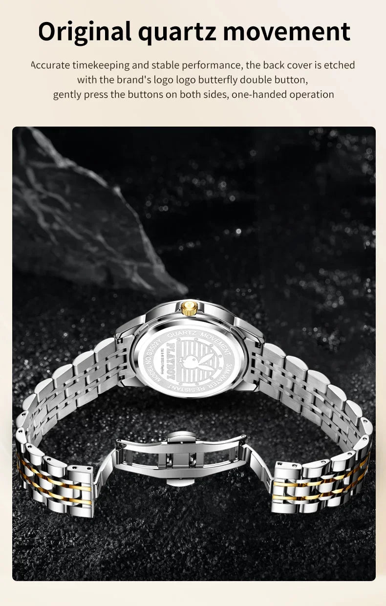 PLAYBOY Fashion Luxury High Quality Original Stainless Steel Waterproof Dual Calendar Luminous Quartz Men Watch