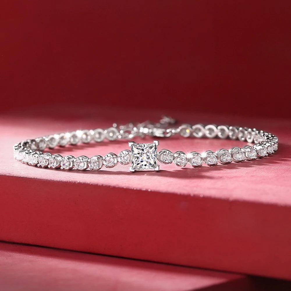 Gorgeous Real Moissanite Diamonds Tennis Bracelet for Women - Silver Princess Cut Diamond Bracelets Fine Jewellery - The Jewellery Supermarket