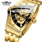 Golden Stainless Steel Waterproof Sport Transparent Triangle Skeleton Mechanical New Mens Wristwatches
