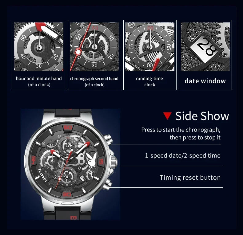 PLAYBOY Casual Quartz Luxury Sports Luminous Waterproof Fashion High-end Silicone Strap Men's Wristwatch
