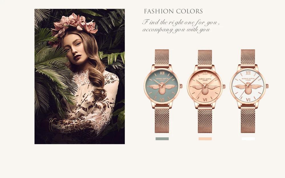 Elegant Luxury 3D Engraved Bee Dial Ladies Watch Rose Gold Plated 31mm Classic Casual Dress Watch with Bracelet Set