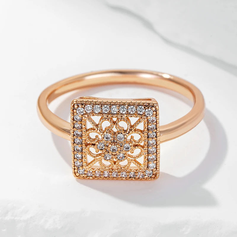 Unique Square Hollow Flower Rolled 14K Rose Gold AAA Zircon Diamonds Ring - Fashion Daily Fine Jewellery