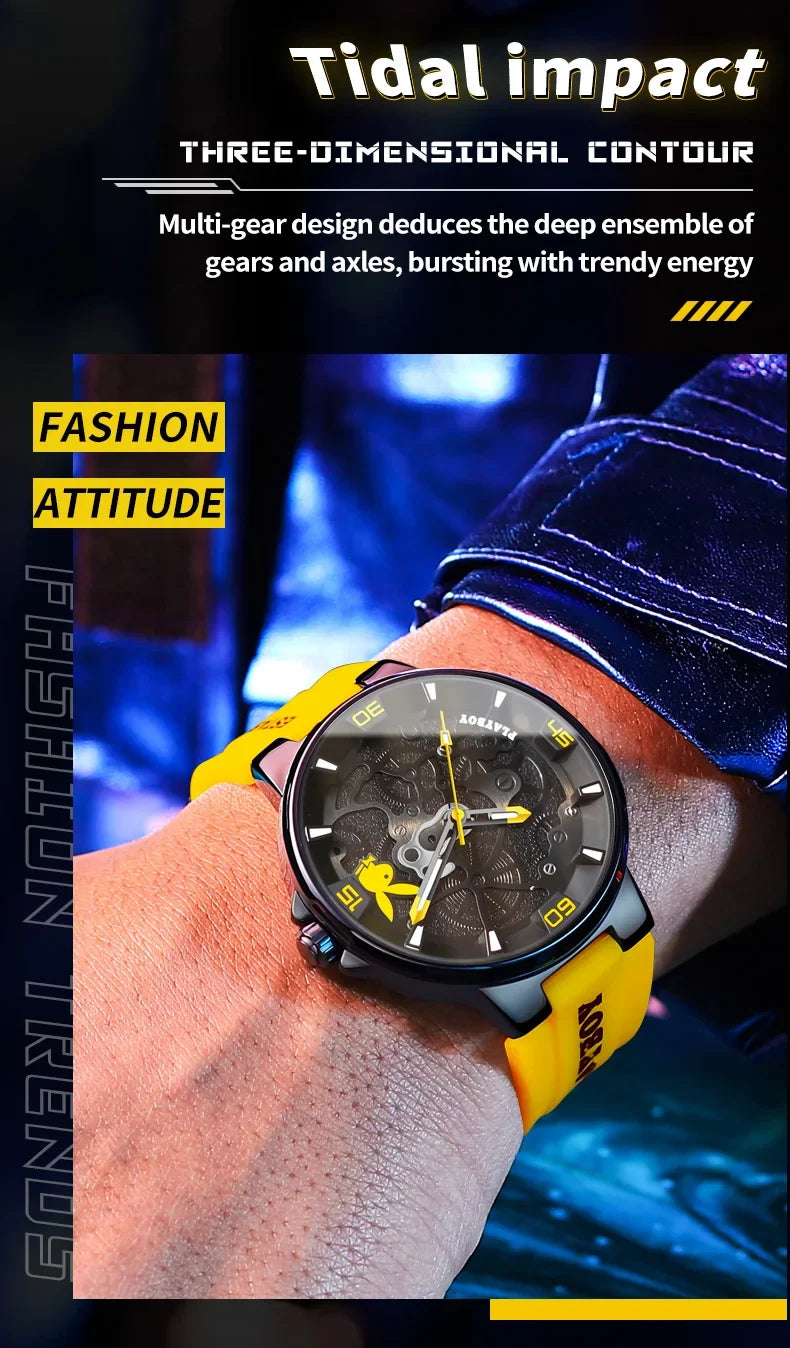 PLAYBOY Luxury Original Silicone Strap Fashion Casual Quartz High Quality Waterproof Watches for Men