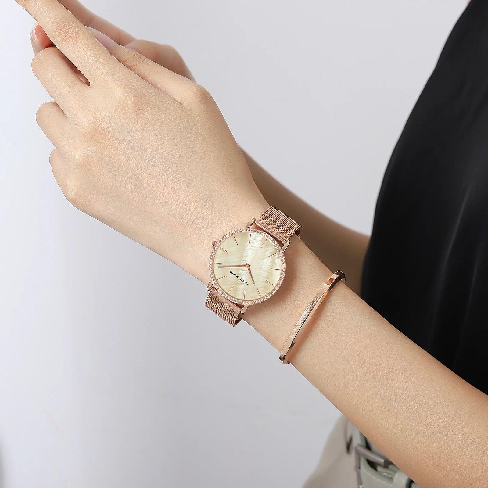 Elegant Luxury Women Watch Quartz Movement Shell Dial Rhinestone Stainless Steel Fashion Waterproof Wristwatches