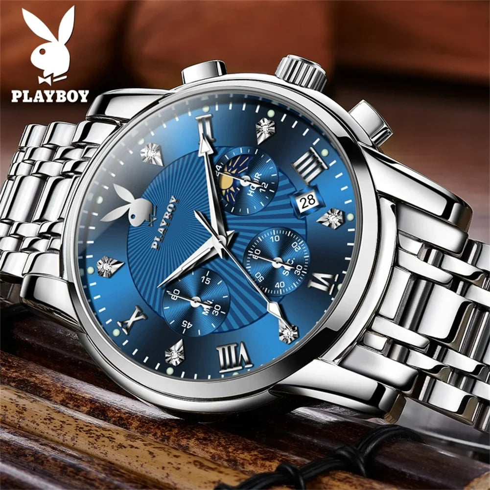 PLAYBOY Fashion Luxury Multifunction Original Waterproof Stainless Steel High Quality Quartz Watch for Men