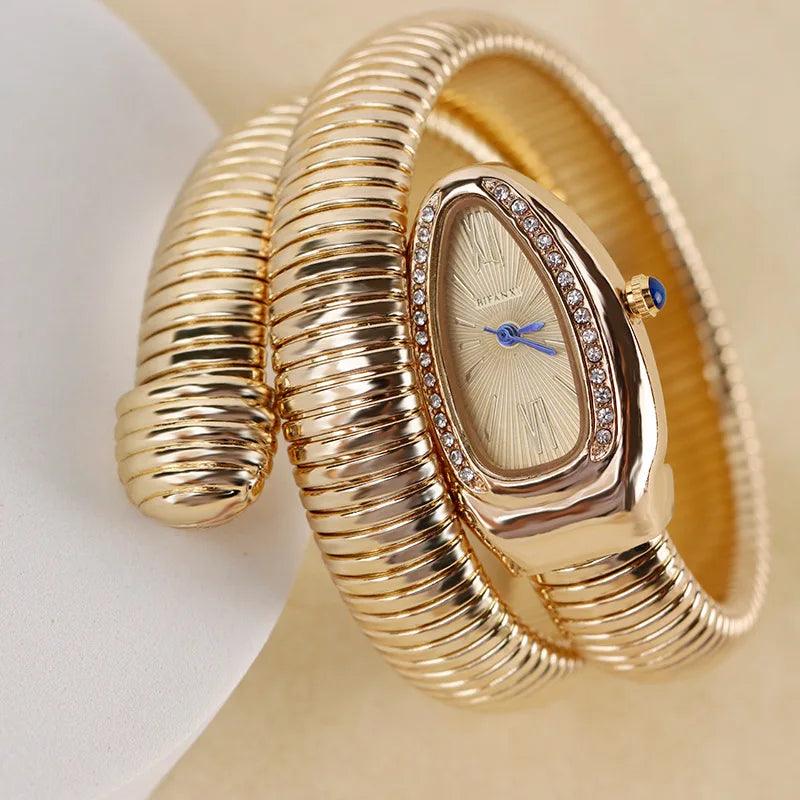 Luxury Gold Quartz Fashion Avantgarde Snake Watches for Women - Winding Bangle Steel Ladies Watches Ideal Gift