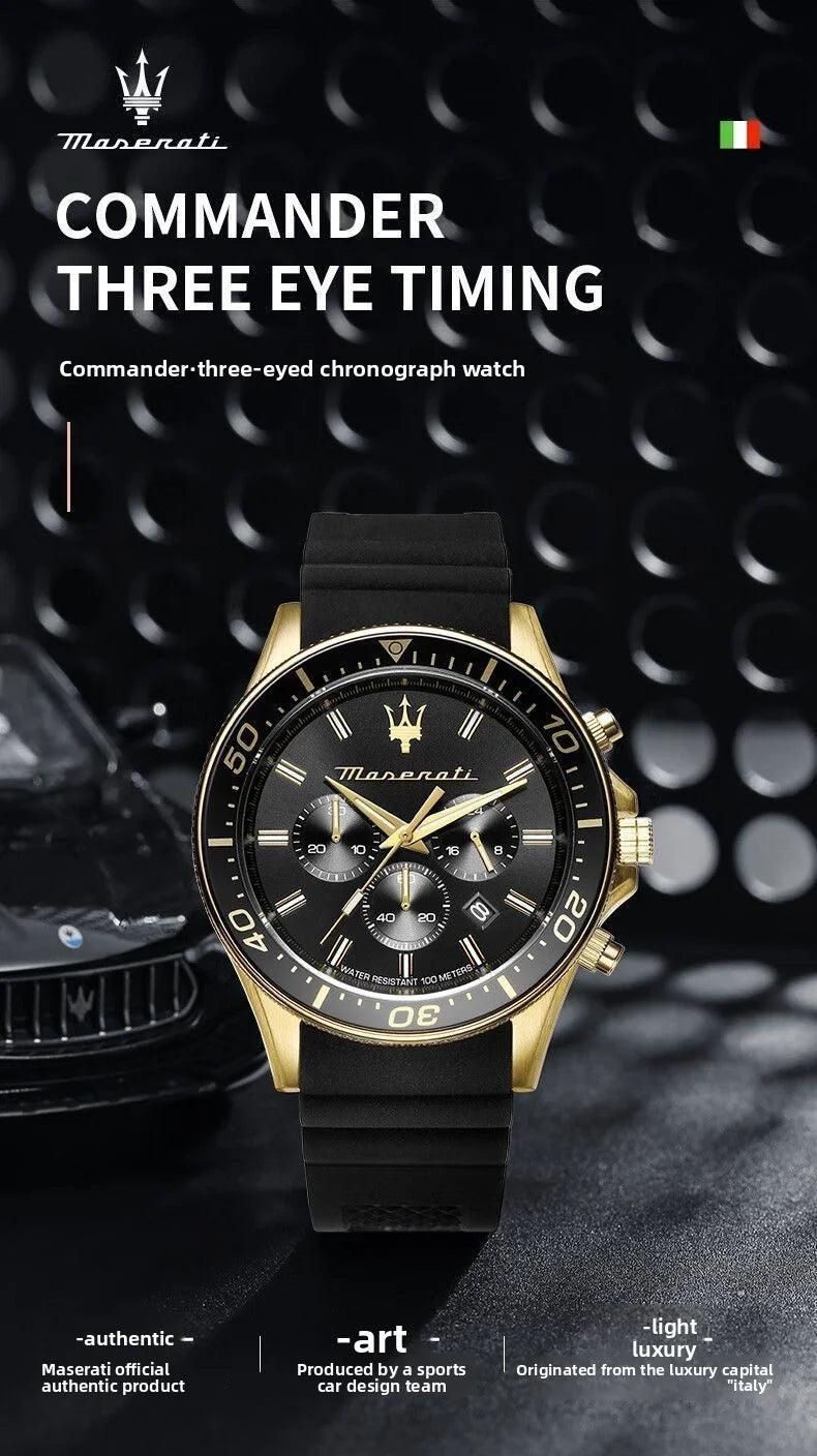 Amazing Gold Maserati Men's Watch Sports Leisure Luxury Europe and America Large Dial Black Silicone StrWatch.
