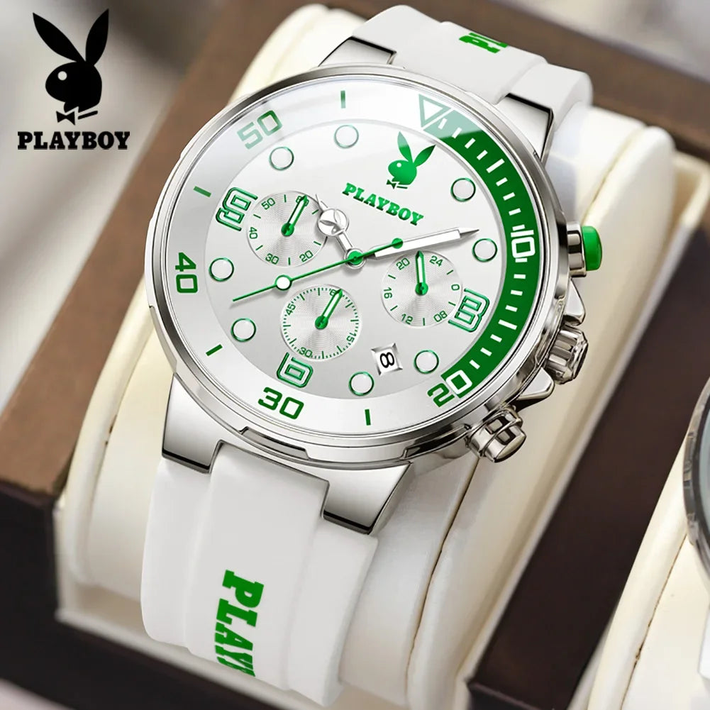 PLAYBOY Top Brand  New Original Fashion High Quality Silicone Strap Multifunction Quartz Watch for Men