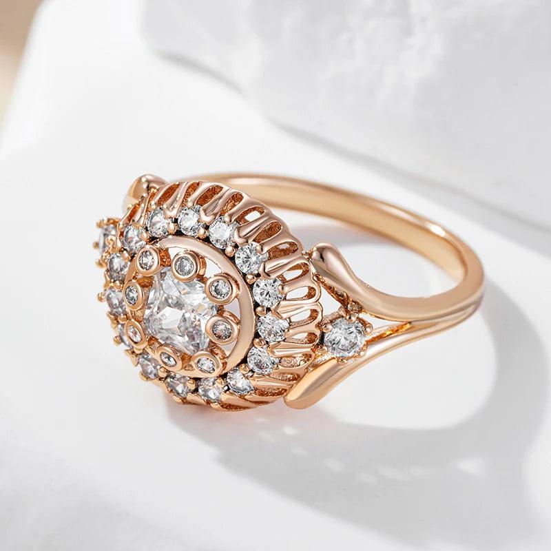 Unique Fashion Crystal Flower 14K Filled Rose Gold With Shiny AAA+ Zircon Crystal Ring - Daily Vintage Jewellery
