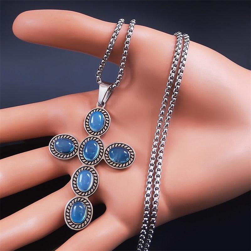 Bohemian Cross Pendant Necklace Stainless Steel Natural Stone Simple Chain Christian Necklaces Gift Jewellery - The Jewellery Supermarket