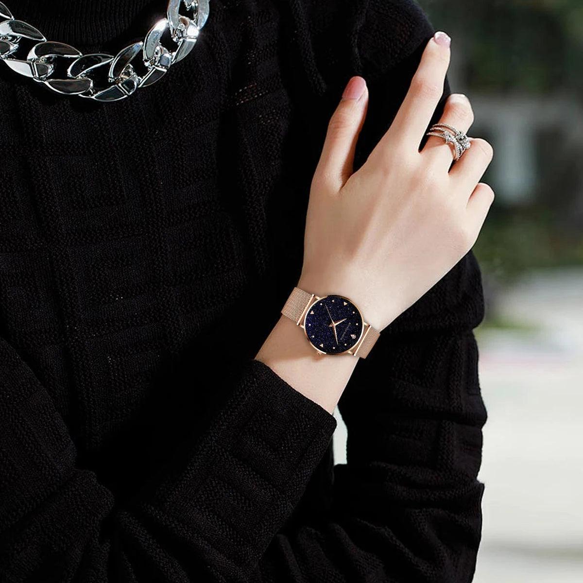 Elegant Luxury Ladie's Watch,  Fashionable Frosted Dial Rhinestone Rose Gold Tone Stainless Steel Mesh Strap Watches