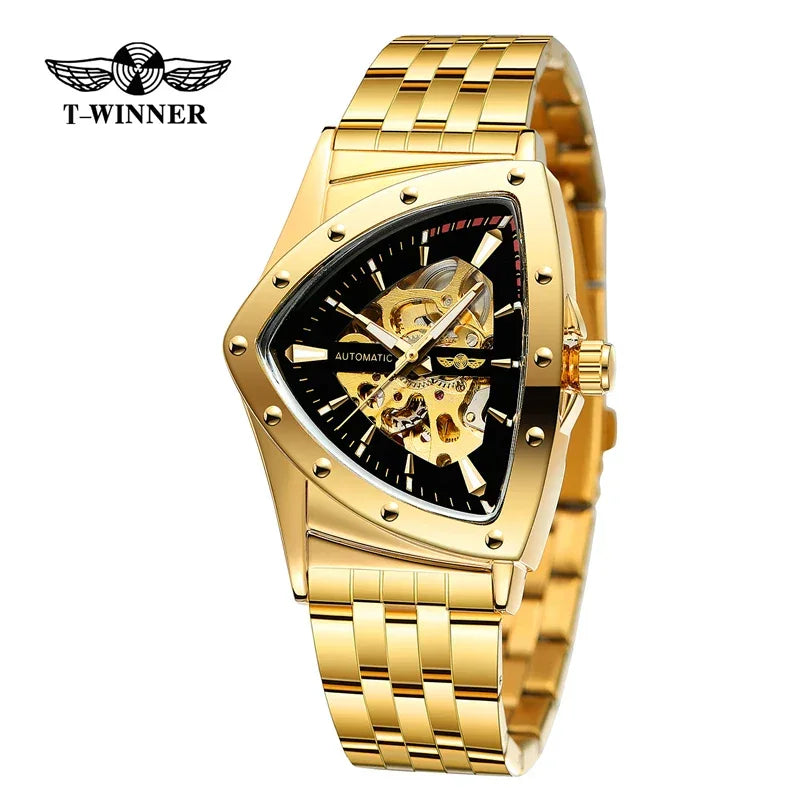 Golden Stainless Steel Waterproof Sport Transparent Triangle Skeleton Mechanical New Mens Wristwatches