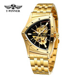 Golden Stainless Steel Waterproof Sport Transparent Triangle Skeleton Mechanical New Mens Wristwatches