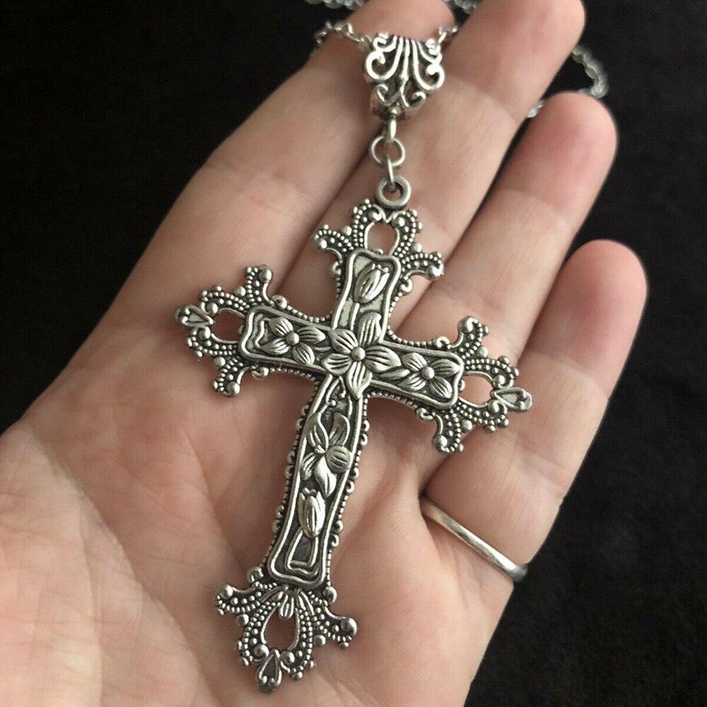 Large Victorian Cross Necklace Long 19” Chain Gold Silver Colour Religious Gothic Christian Jewellery - The Jewellery Supermarket