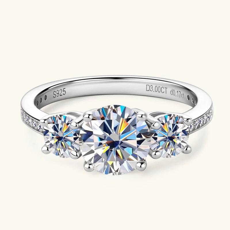 Luxury Three Stone 925 Sterling Silver D3.0CT D Colour Moissanite Rings Engagement Wedding GRA Certified Jewellery