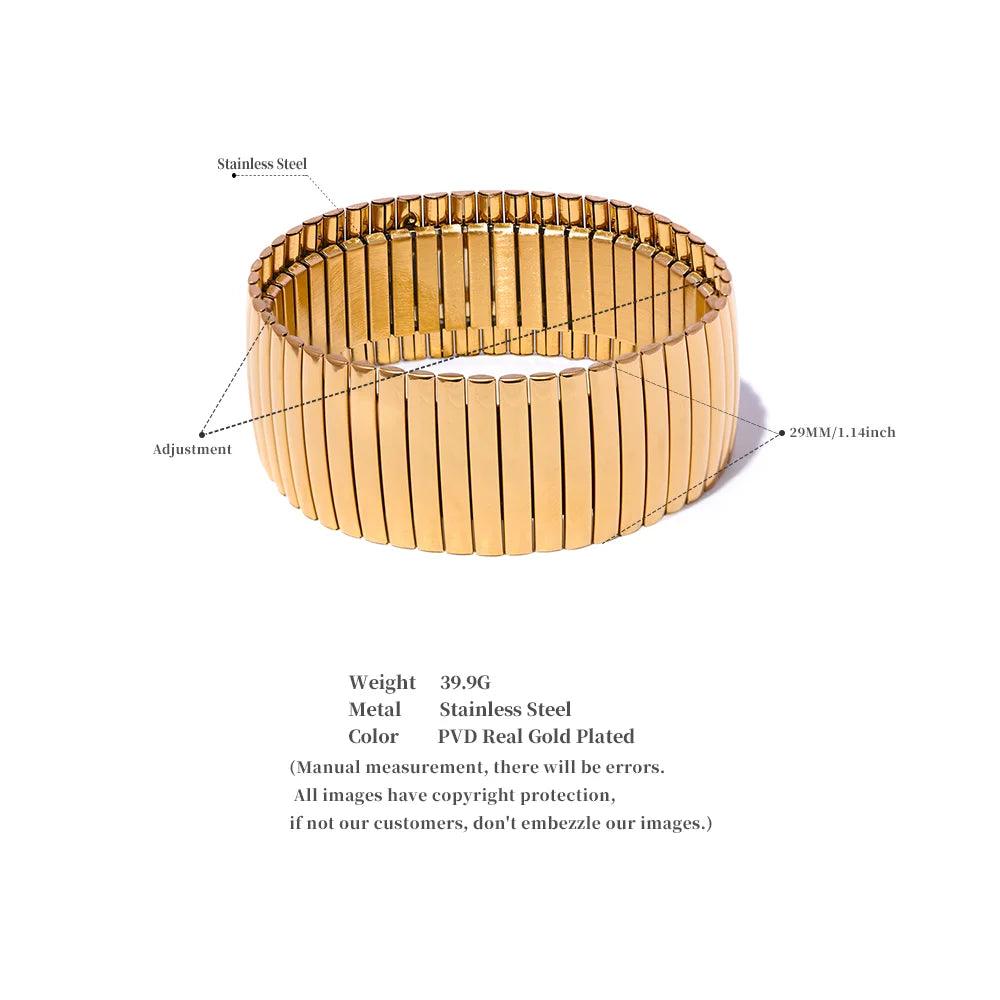 New Elastic Stainless Steel Metal Wide Big Statement Bracelet Bangle - 18K Gold Plated Hyperbole Unisex Jewellery - The Jewellery Supermarket