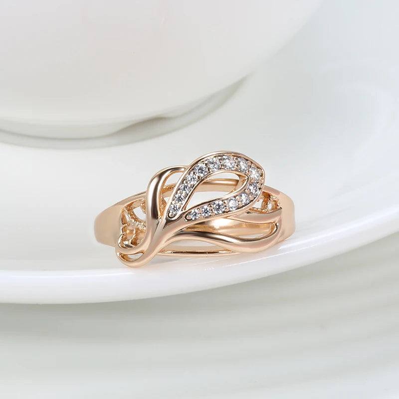 Superb Leaf Shape 14K Rolled Rose Gold Shiny AAA Zircon Diamonds Paved Luxury Design Ring - Fine Jewellery