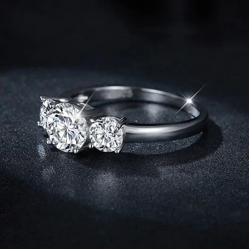 Splendid 3-stone S925 Sterling Silver with 14CGP Moissanite Diamonds Rings Engagement Wedding Promise Jewellery