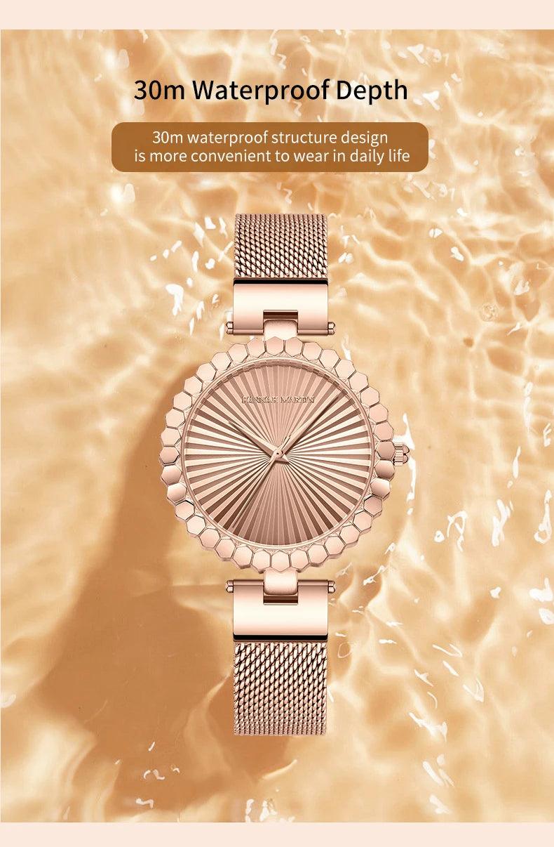 Luxury Brand Elegant Gold Tone Geometric Dial Women's Quartz Movement Watches Stainless Steel Mesh Belt Watches