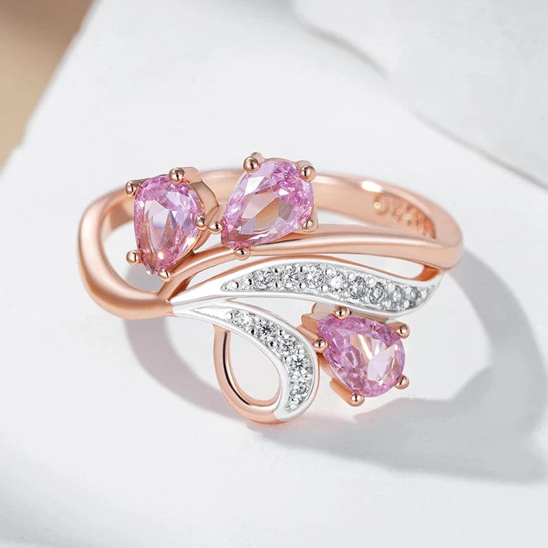 Hot Shiny Pink AAA Zircon Crystal Flower 14K Rolled Rose Gold and Silver Colour Mix Ring For Women - Daily Jewellery
