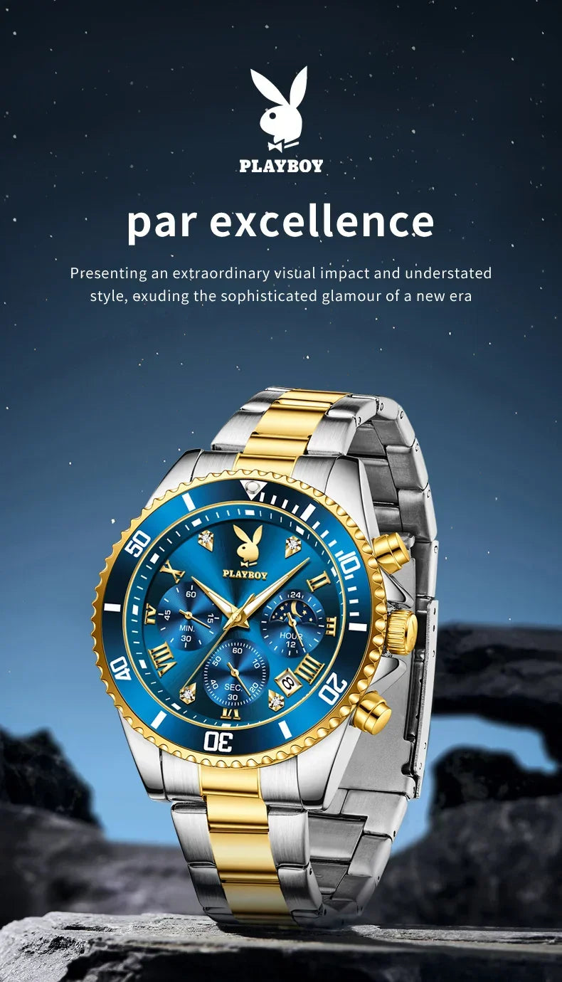 PLAYBOY Casual Business New Original Stainless Steel Multifunction Waterproof Luxury Quartz Men's Watches