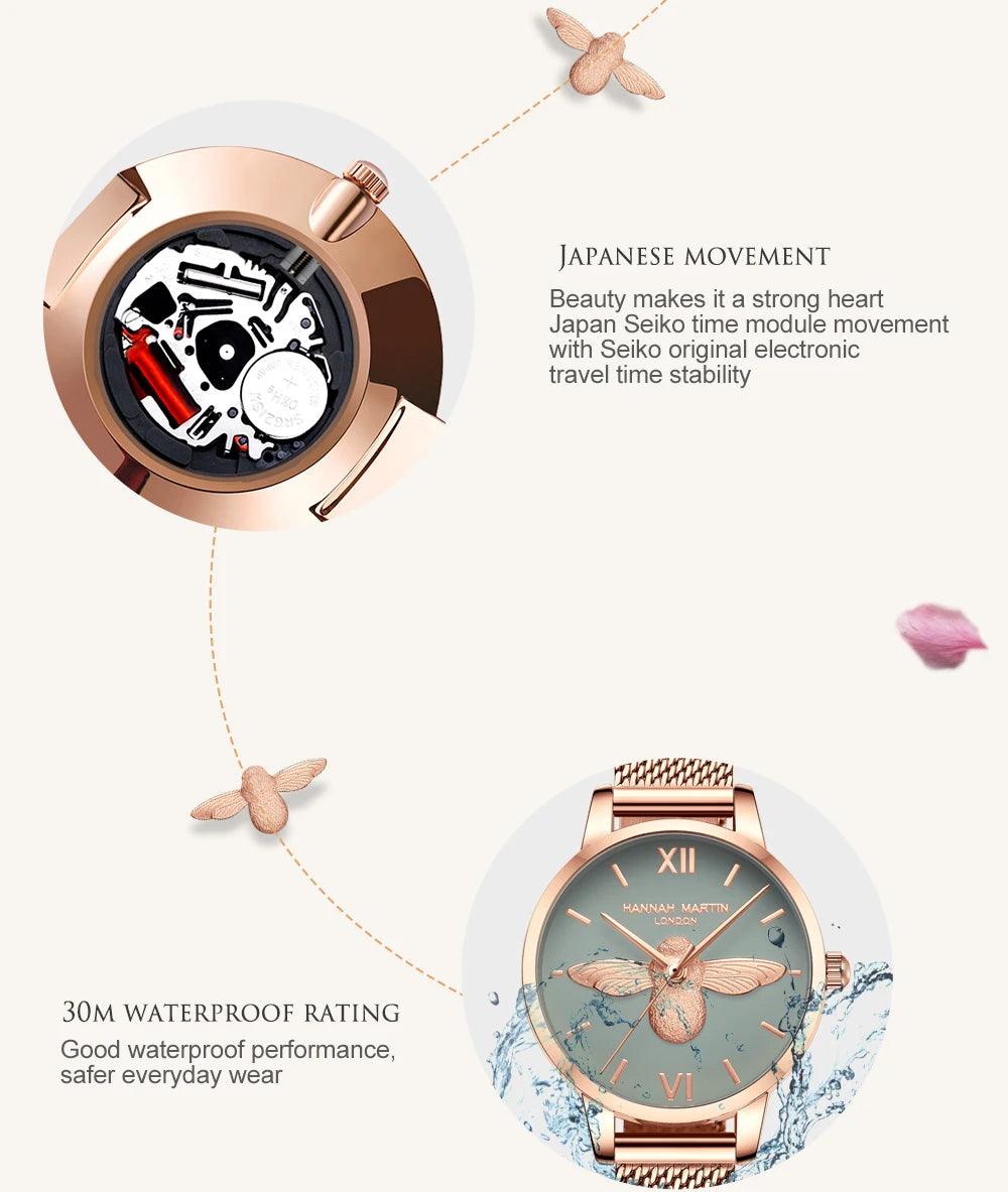 Elegant Luxury 3D Engraved Bee Dial Ladies Watch Rose Gold Plated 31mm Classic Casual Dress Watch with Bracelet Set