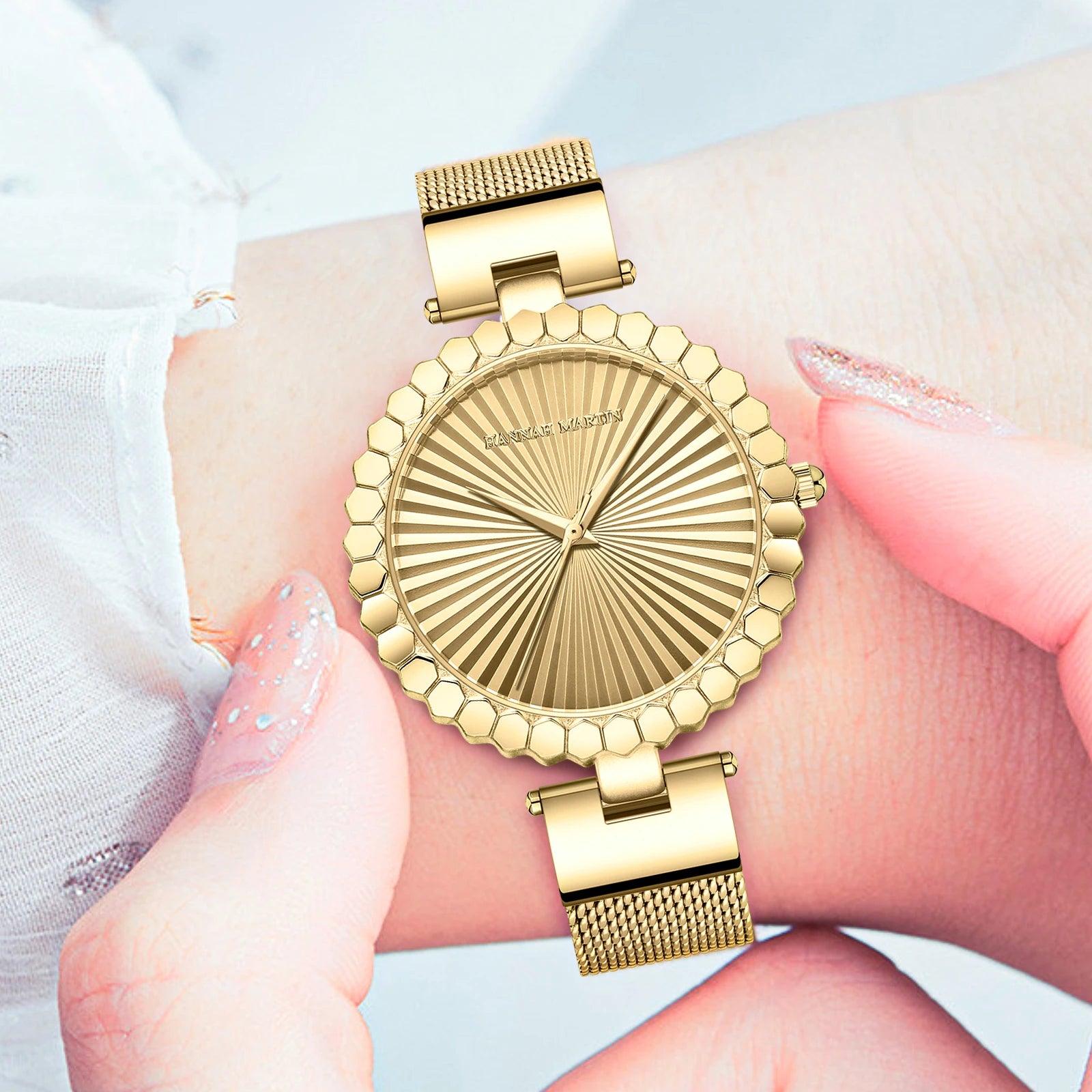 Luxury Brand Elegant Gold Tone Geometric Dial Women's Quartz Movement Watches Stainless Steel Mesh Belt Watches
