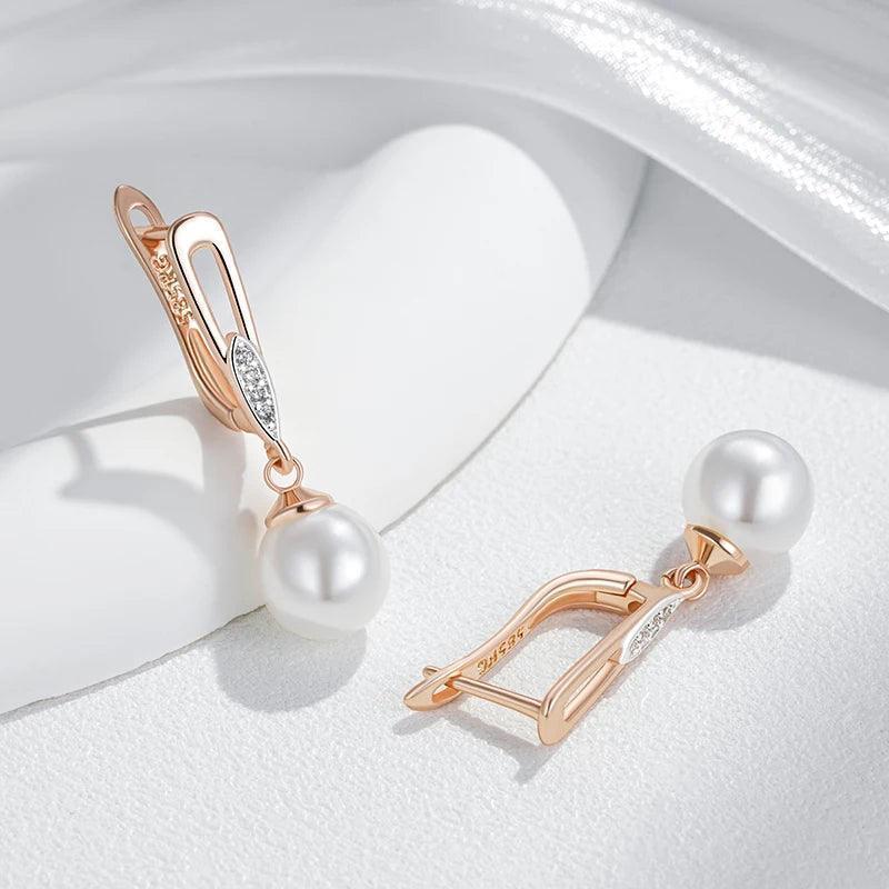 Luxury Unique Geometric Filled Rose Gold of 14-Karat Purity Pearl Drop Earrings for Women - Boho Ethnic Jewellery