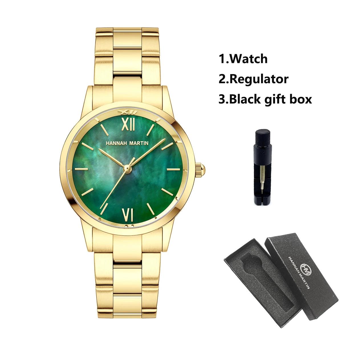 NEW Elegant Quartz Pearl Oyster Jade Stone White Shell Waterproof Ladies Full Stainless Steel Classic Wrist Watches