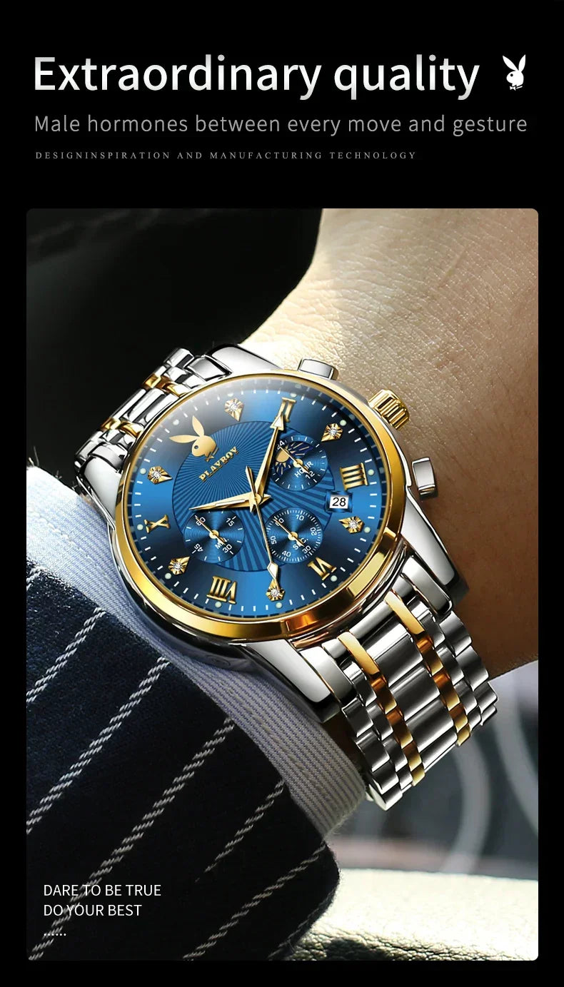 PLAYBOY Fashion Luxury Multifunction Original Waterproof Stainless Steel High Quality Quartz Watch for Men