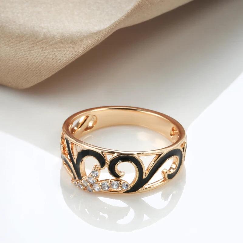 Unusual Black Enamel 14K Rolled Rose Gold AAA Zircon Diamonds Creative Ethnic Ring for Women Wedding Jewellery