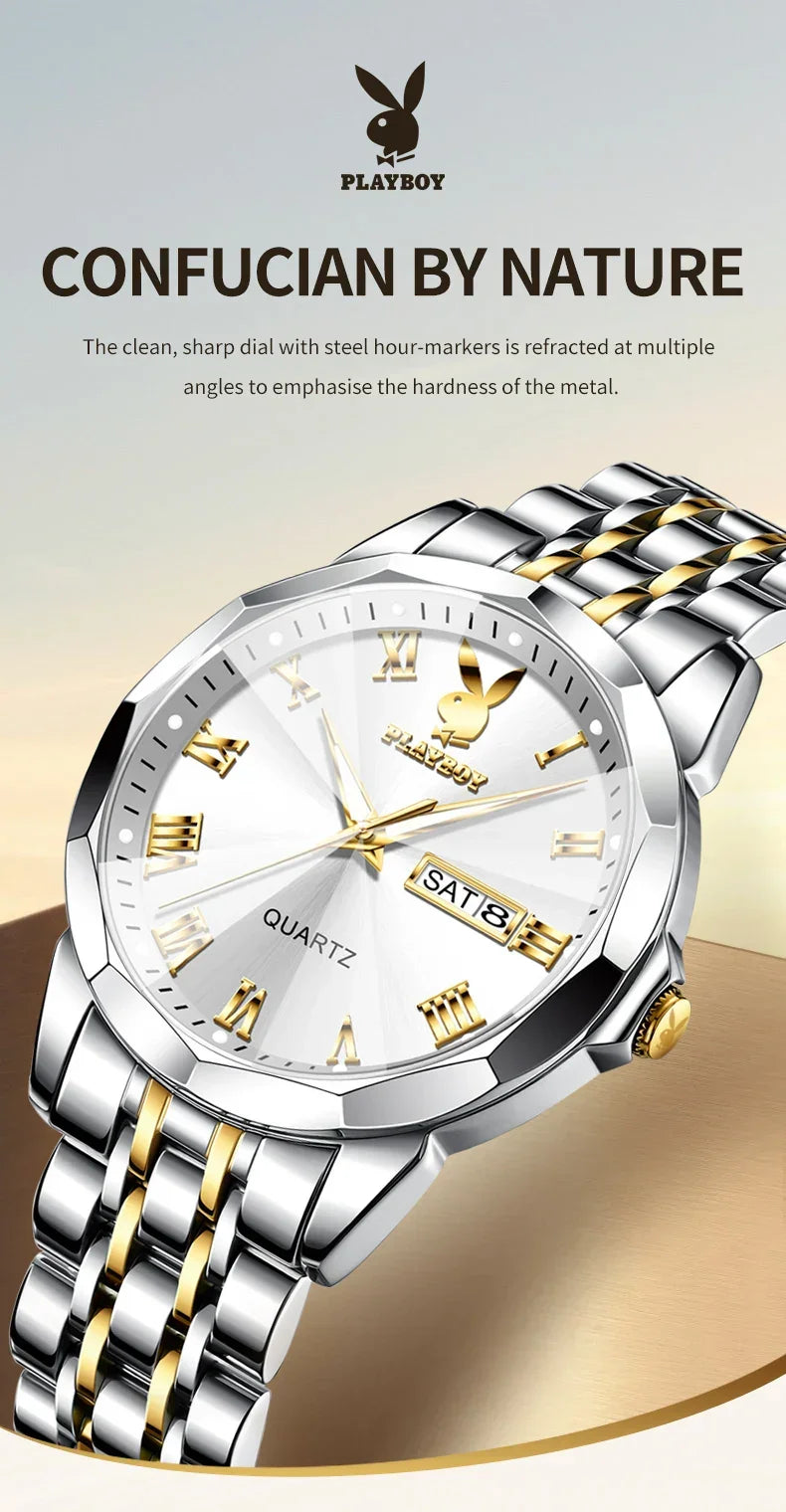 PLAYBOY Fashion Luxury High Quality Original Stainless Steel Waterproof Dual Calendar Luminous Quartz Men Watch