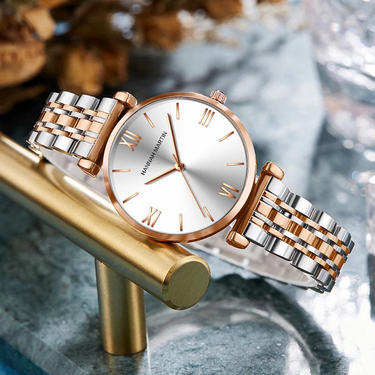 Simple Elegant Round Dial Fashion Stainless Steel Ladies Watches Rose Gold Colour Quartz Wristwatches with Bracelets
