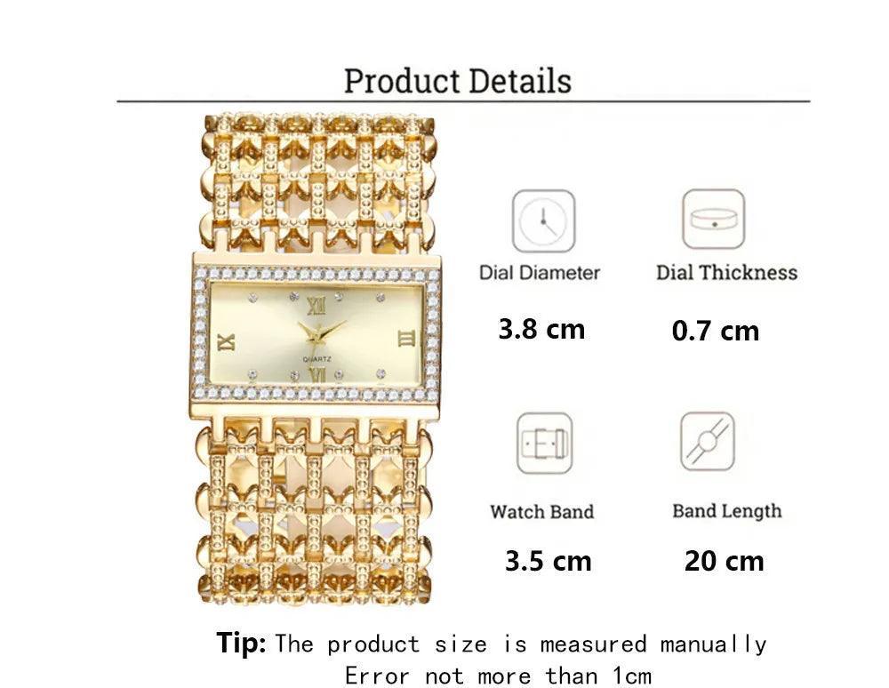 Fashion Light luxury Square CZ Diamonds Quartz Watches - Gold Colour Stainless Steel Bracelet - The Jewellery Supermarket