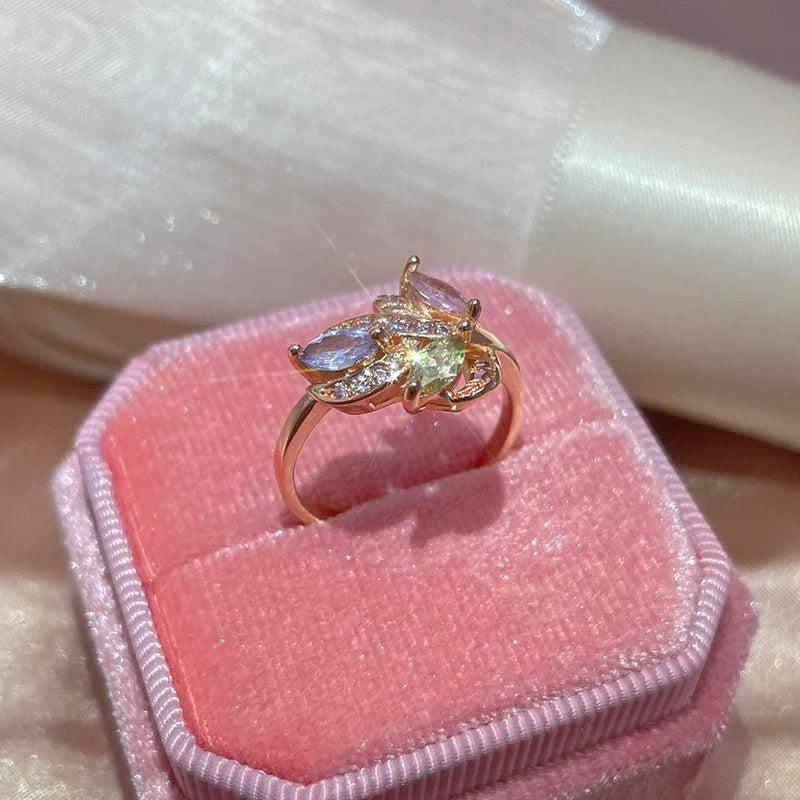 New Season Romantic Rolled 14K Rose Gold Colourful AAA Zircon Crystals Flower Rings -  Luxury Fine Jewellery