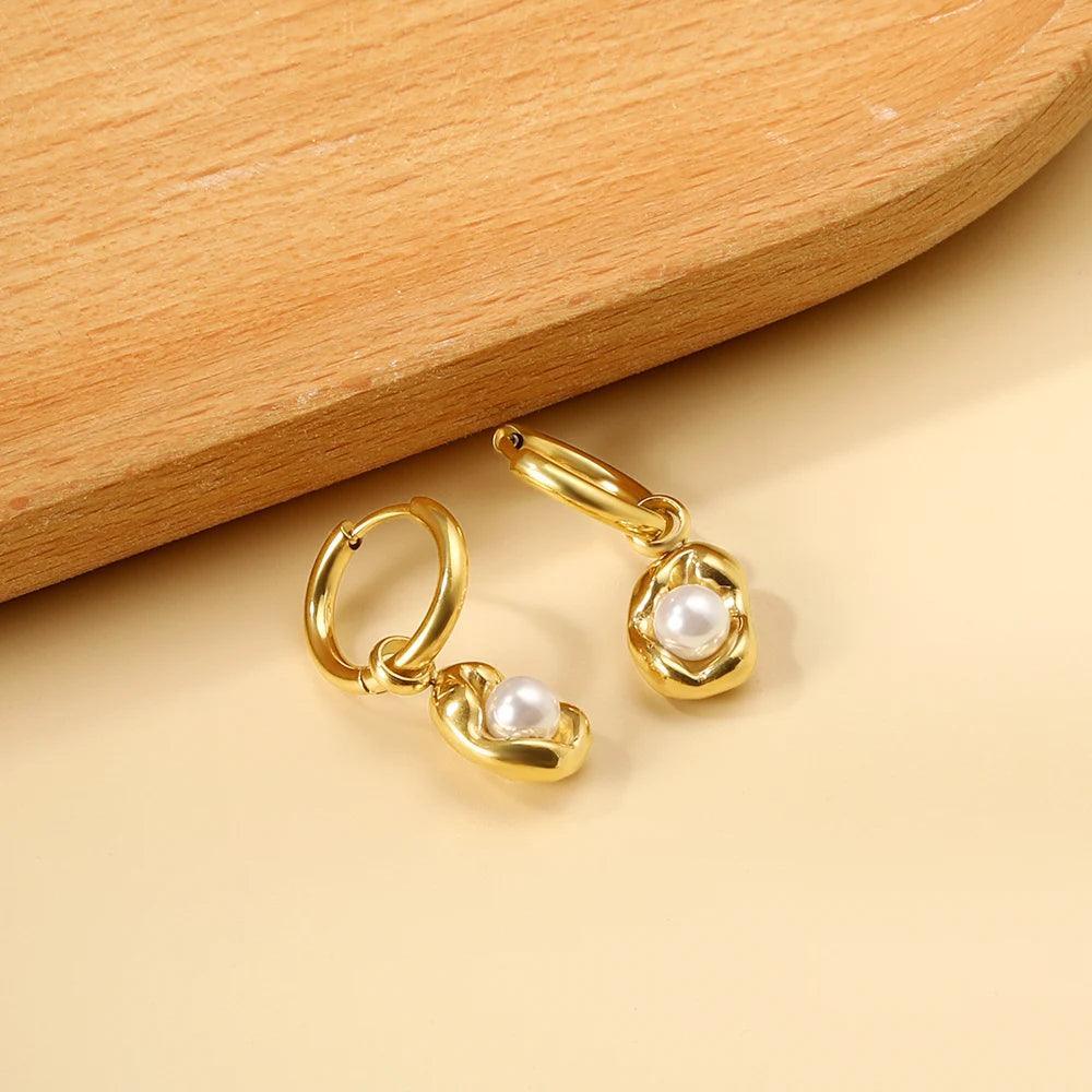 New Imitation Pearls Drop Hoop Earrings for Women Girls -  Stainless Steel Irregular Oval Shape Fashion Gifts - The Jewellery Supermarket