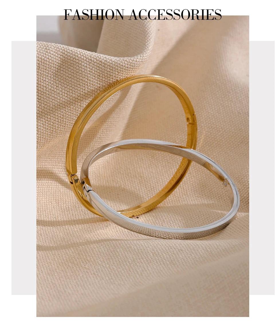 Minimalist 18k Gold Colour Texture Charm 60mm Waterproof 316L Stainless Steel Round Smooth Bracelet Bangles for Women - The Jewellery Supermarket