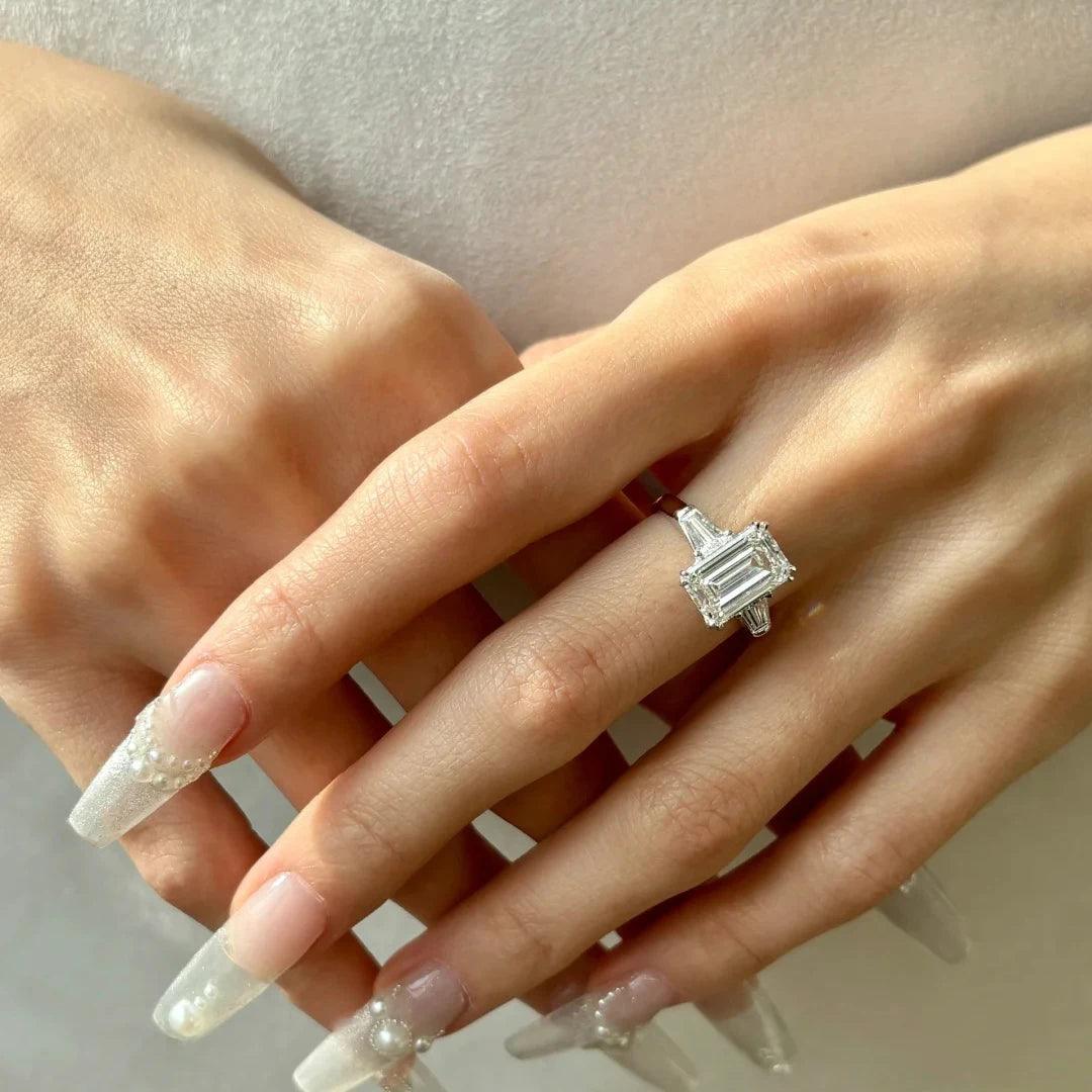 1/2/3/4CT Emerald Cut Full Moissanite Diamond Rings Silver GRA Certified Three Stones Wedding Engagement Jewellery