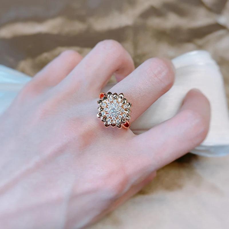 Unusual Vintage Style Flower Big Ring  Filled 14K Rose Gold AAA Zircon Diamonds Fashion Creative  Jewellery Ring