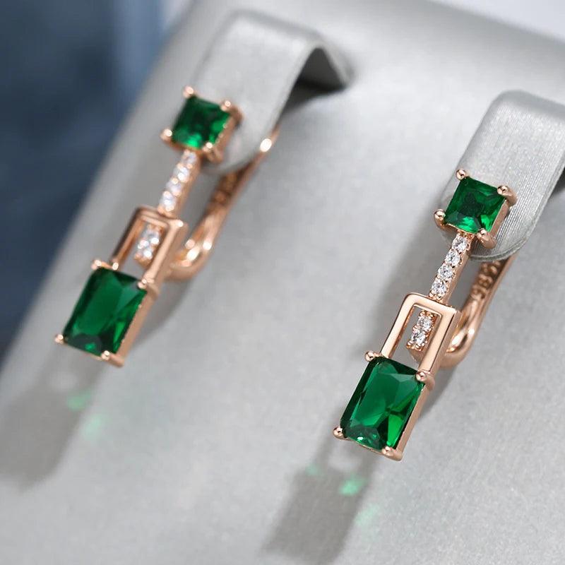Latest Fashion Rolled 14K Rose Gold Green Square AAA Zircon Crystals Long Drop Earrings - Vintage Design Jewellery