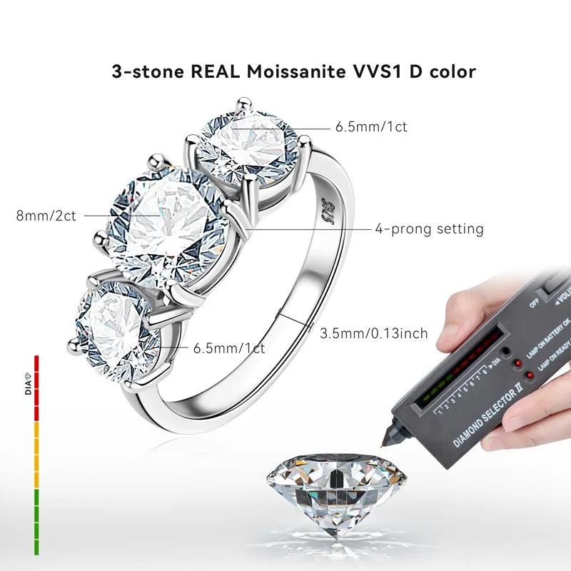 Real Round 3 Stone D Colour 2-4ctw Moissanite Diamonds Rings Wedding Engagement Promise Silver Certified Jewellery