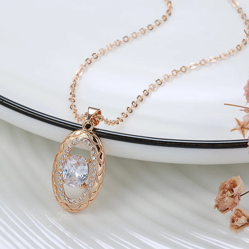 Luxury Oval 14K Filled Rose Gold AAA Zircon Diamonds Pendant Twine Texture Long Chain Fashion Fine Jewellery
