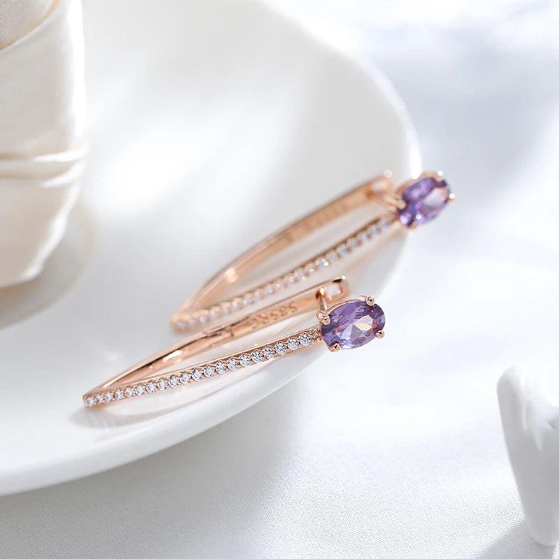 Terrific Oval Rolled 14K Rose Gold Purple AAA Zircon Crystals Personality Long Dangle Earrings - Fashion Jewellery