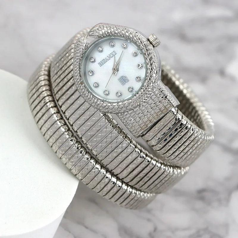 New Arrival Luxury Trendy Snake Design Winding Quartz Watches for Women - Fashion Bangle Bracelet Dress Watches